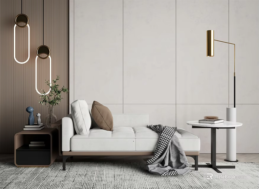 Modern White Chaise Lounge With Cushions Throw Blanket And Wooden Accent Wall 3d model 