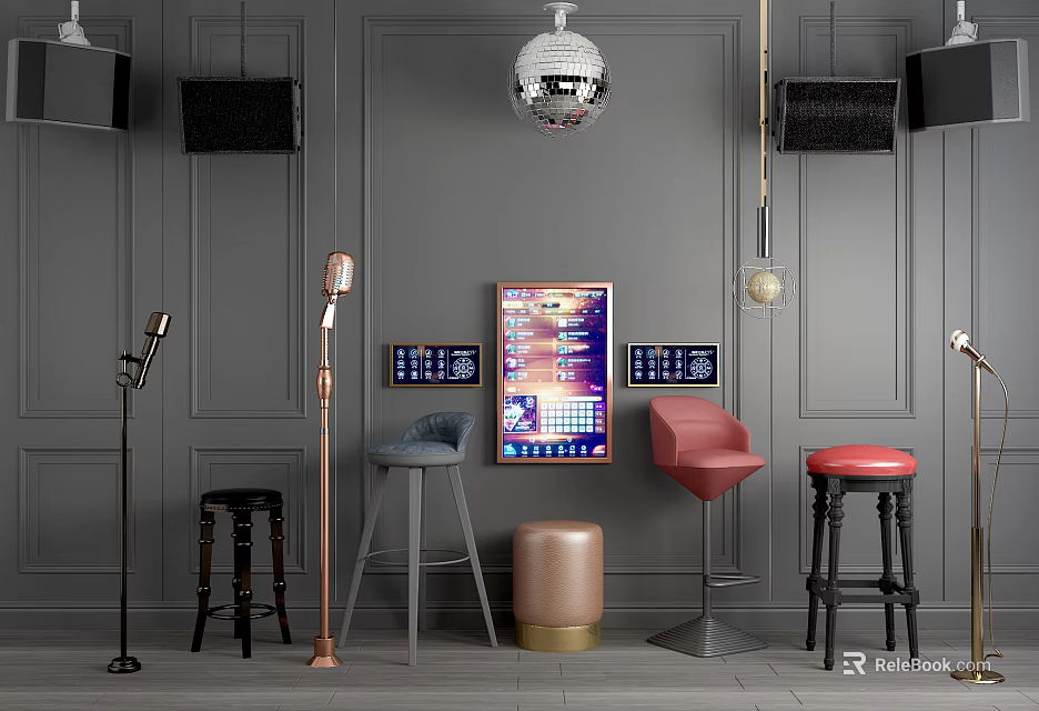 Stylish Various Colored Bar Stools In Room With Gray Walls Disco Ball Microphones And Screens 3d model 