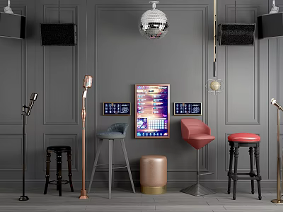 Stylish Various Colored Bar Stools In Room With Gray Walls Disco Ball Microphones And Screens 3d model