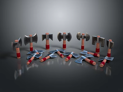 Various Axes with Red Wooden Handles and Metal Heads Arranged on Gray Background with Reflections 3d model