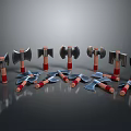 Various Axes with Red Wooden Handles and Metal Heads Arranged on Gray Background with Reflections