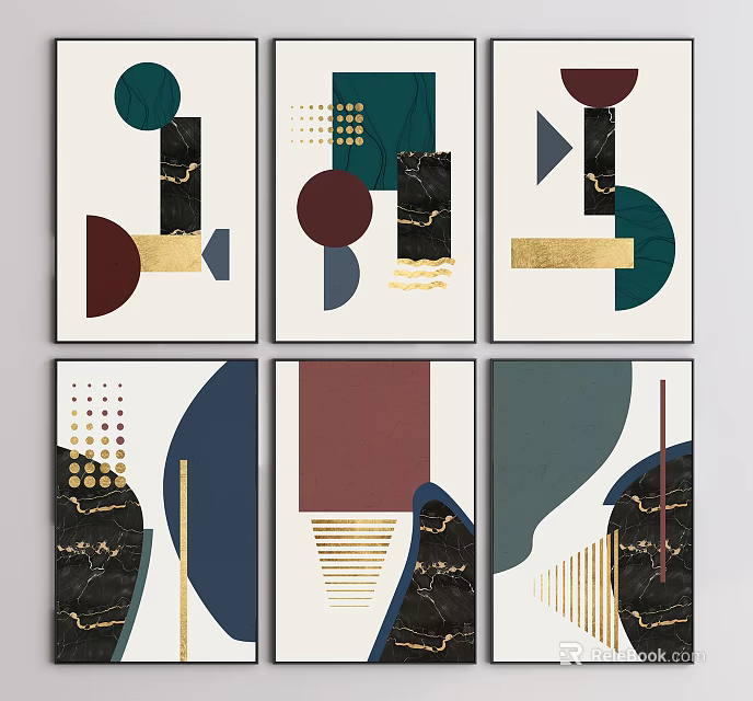 Modern Abstract Geometric Wall Art With Colorful Shapes And Marble Texture 3d model 