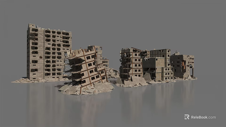 Building Components Of Collapsed Structures With Ruined Walls And Damaged Floors 3d model 
