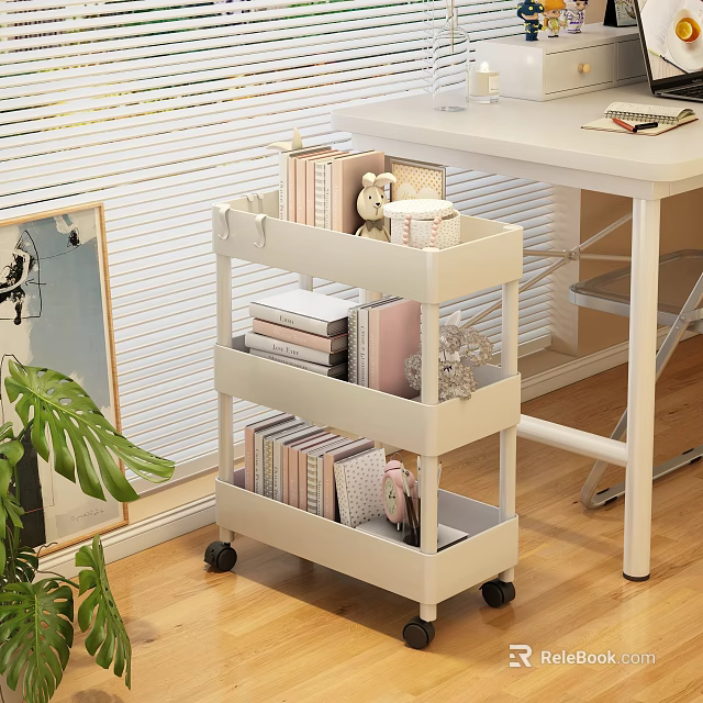 White Desk With Rolling Storage Cart Books Stuffed Toy And Green Plant 3d model 