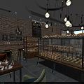 Cozy Bakery Interior With Brick Walls Glass Display Cases Hanging Lights and Fresh Pastries