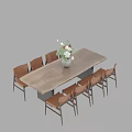 Modern Wooden Dining Table Set With Eight Dining Chairs And White Flower Vase