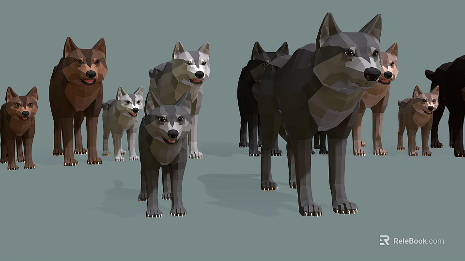 Low Poly Style Various Colored Wolves Standing Together in Group 3d model 