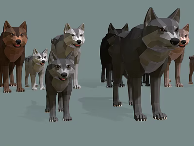 Low Poly Style Various Colored Wolves Standing Together in Group 3d model