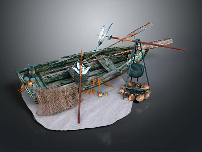 Garden Landscape with Old Wooden Boat Fishing Net Bamboo Poles and Wooden Logs 3d model