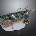 Garden Landscape with Old Wooden Boat Fishing Net Bamboo Poles and Wooden Logs