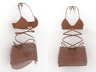 Fashionable Brown Bikini Set With Strappy Top And Mesh Skirt Design 3d model