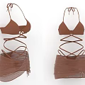 Fashionable Brown Bikini Set With Strappy Top And Mesh Skirt Design