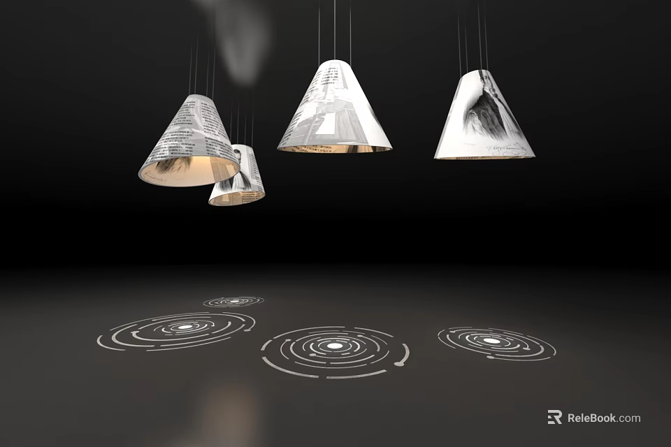Art Installation With Hanging Cone Shaped Structures And Circular Floor Patterns 3d model 
