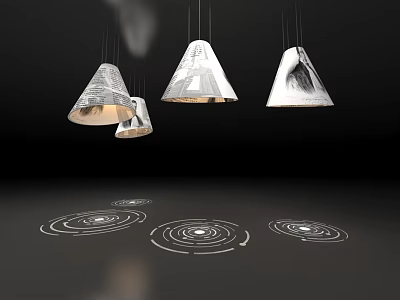 Art Installation With Hanging Cone Shaped Structures And Circular Floor Patterns 3d model