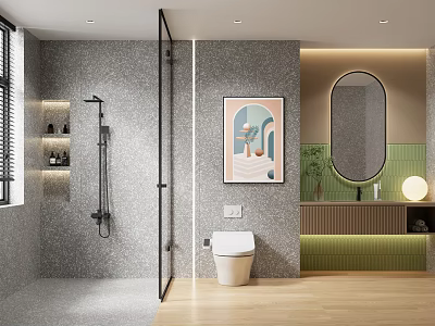 Modern Bathroom Interior With Shower Toilet Mirror Art Print And Wooden Floor 3d model