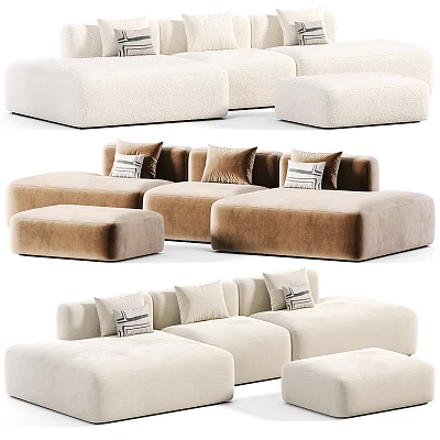 Modern Sectional Sofa Design With Beige Brown Velvet Upholstery Decorative Pillows And Ottoman 3d model