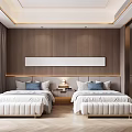 Modern Hotel Guest Room With Twin Beds Wooden Striped Walls Long Artwork And Upholstered Benches