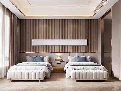 Modern Hotel Guest Room With Twin Beds Wooden Striped Walls Long Artwork And Upholstered Benches 3d model
