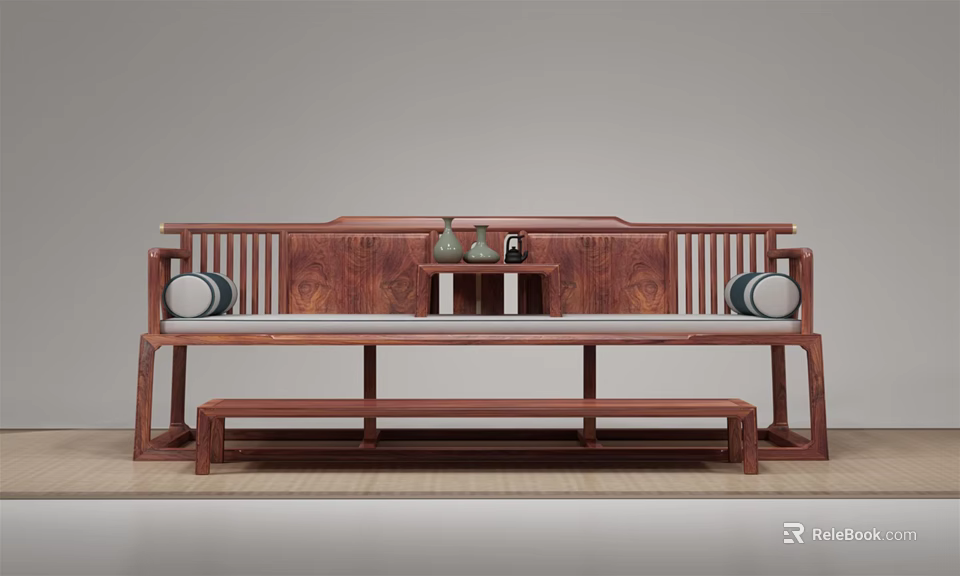 Traditional Chinese Luohan Bed Classic Solid Wood Design With Backrest Armrests And Footstool 3d model 