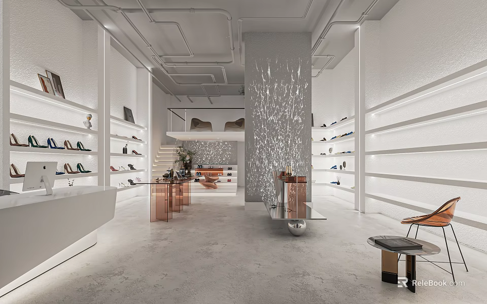 Modern Elegant Shoe Store Interior With White Display Shelves Shimmering Central Column And Leather Chair 3d model 