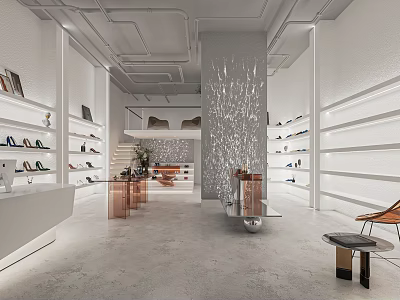 Modern Elegant Shoe Store Interior With White Display Shelves Shimmering Central Column And Leather Chair 3d model