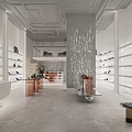 Modern Elegant Shoe Store Interior With White Display Shelves Shimmering Central Column And Leather Chair