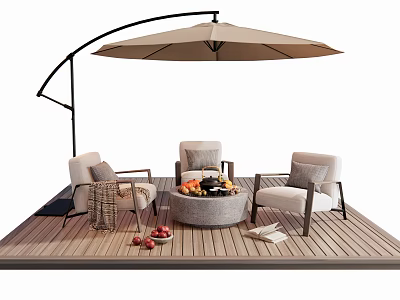Comfortable Outdoor Chairs with Throw Pillows on Wooden Deck Under Umbrella and Round Table 3d model