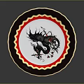 Decorative Plate With Blue Wavy Rim Red Border White Background And Black Dragon Design