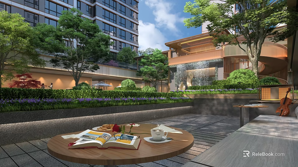 Urban Garden Decor With Green Plants Trees Waterfall And Outdoor Table Setup 3d model 