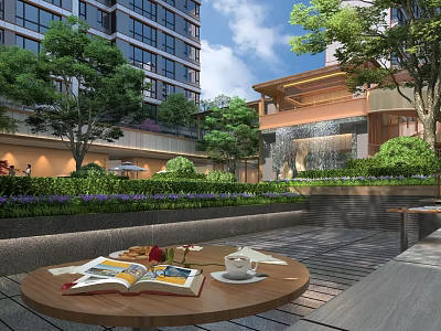 Urban Garden Decor With Green Plants Trees Waterfall And Outdoor Table Setup 3d model