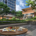 Urban Garden Decor With Green Plants Trees Waterfall And Outdoor Table Setup