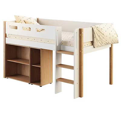 Kids Bed with Ladder and Storage Shelves White Wooden Frame Polka Dot Bedding 3d model
