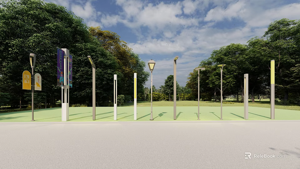 Garden Ornaments Featuring Various Lamp Posts On Green Lawn With Trees Blue Sky White Clouds 3d model 