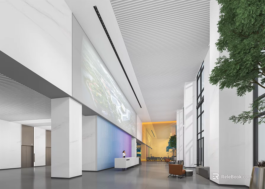Modern Lobby Reception Desk With Large Windows Green Plants And Warm Lighting 3d model 