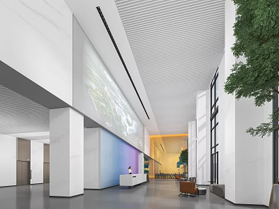Modern Lobby Reception Desk With Large Windows Green Plants And Warm Lighting 3d model