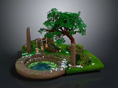 Cartoon Scene Featuring Round Pond Green Grass Big Tree Stone Pillars And Lanterns 3d model
