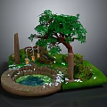 Cartoon Scene Featuring Round Pond Green Grass Big Tree Stone Pillars And Lanterns