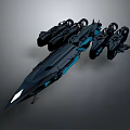 Futuristic Black Spaceship With Blue Details And Multiple Thrusters For Space Exploration