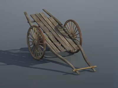 Vintage Wooden Cart With Wooden Planks Large Wheels And Handle 3d model
