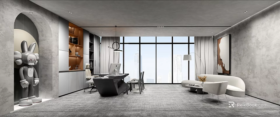 Modern Office Interior Design With Large Windows Desk Sofa And Bookshelves 3d model 