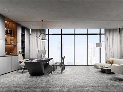Modern Office Interior Design With Large Windows Desk Sofa And Bookshelves 3d model