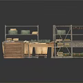 Wooden Shelves With Baskets And Crates For Retail Display Items Storage Tables