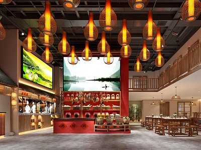 Traditional Chinese Restaurant With Hanging Lanterns Red Counter Large Screen And Wooden Tables 3d model