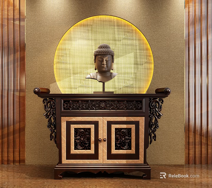 Traditional Wooden Entryway Console Table With Buddha Statue Carved Patterns Circular Backdrop And Light Wood Accents 3d model 