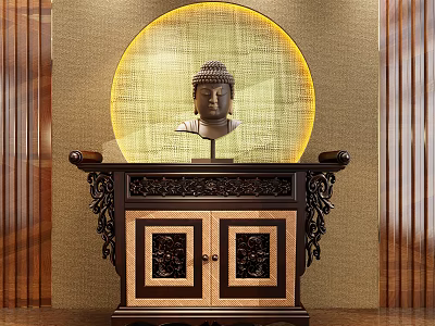 Traditional Wooden Entryway Console Table With Buddha Statue Carved Patterns Circular Backdrop And Light Wood Accents 3d model