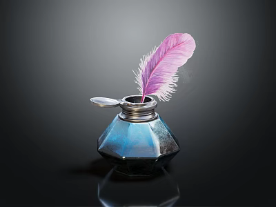 Decorative Inkwell With Pink Feather Blue Black Design Metallic Rim And Dark Background 3d model