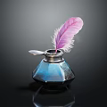 Decorative Inkwell With Pink Feather Blue Black Design Metallic Rim And Dark Background