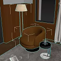 Brown Leather Accent Chair with Floor Lamp Wooden Wall and Tree View Window