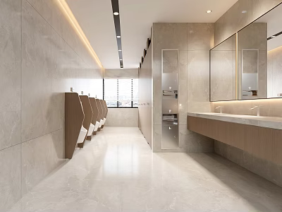 Modern Bathroom Interior with Marble Walls Flooring Long Layout Urinals Vanity Counter And Mirrors 3d model