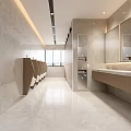 Modern Bathroom Interior with Marble Walls Flooring Long Layout Urinals Vanity Counter And Mirrors